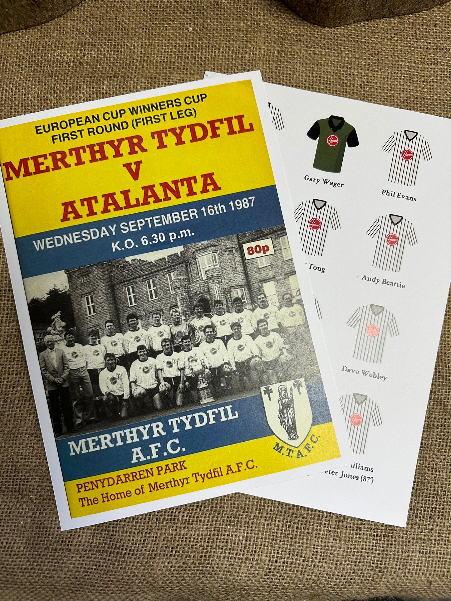 Merthyr Tydfil A.F.C. Reproduction prints - 1987 Atalanta football programme cover and football club squad lineup