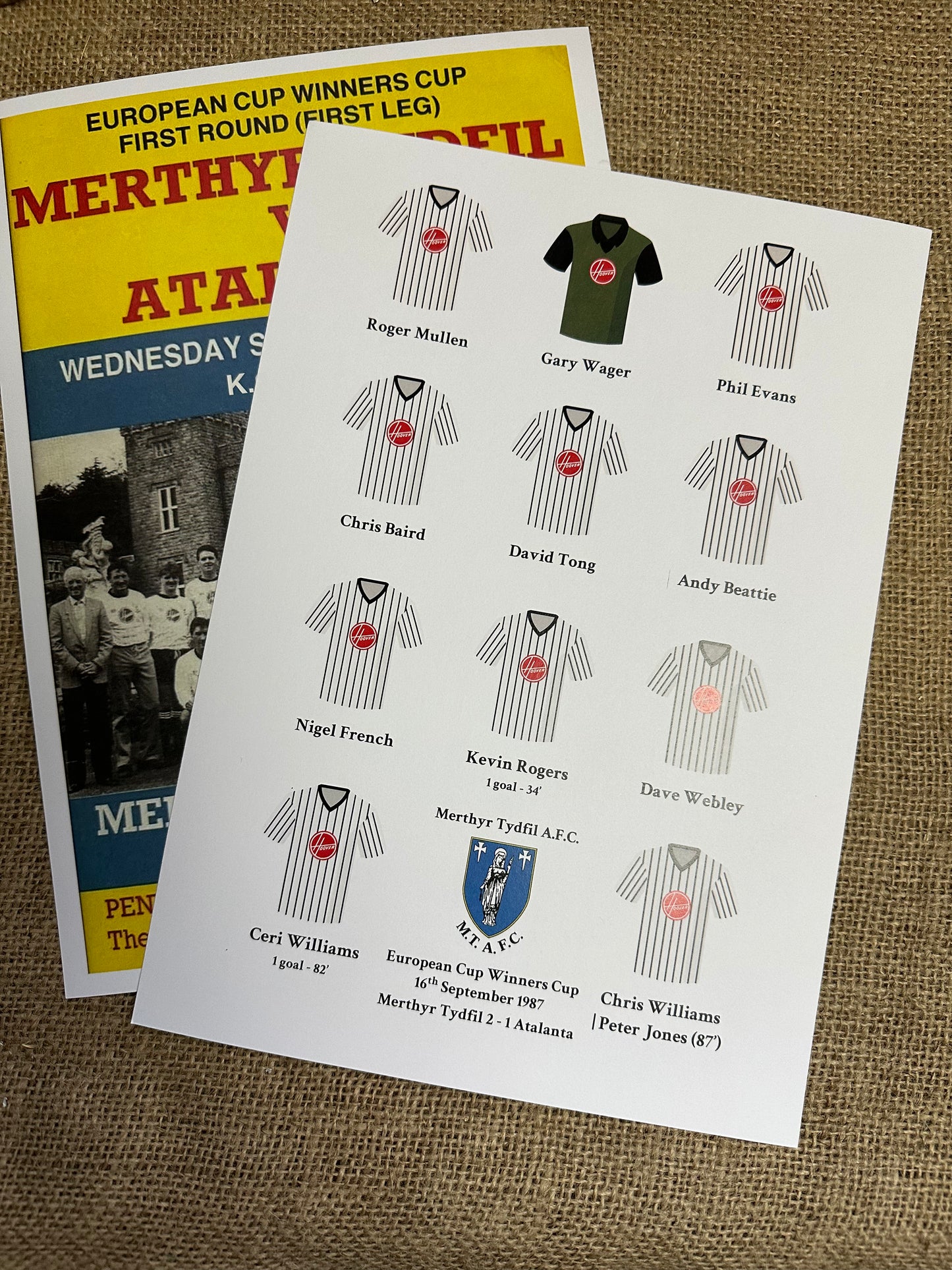 Merthyr Tydfil A.F.C. Reproduction prints - 1987 Atalanta football programme cover and football club squad lineup